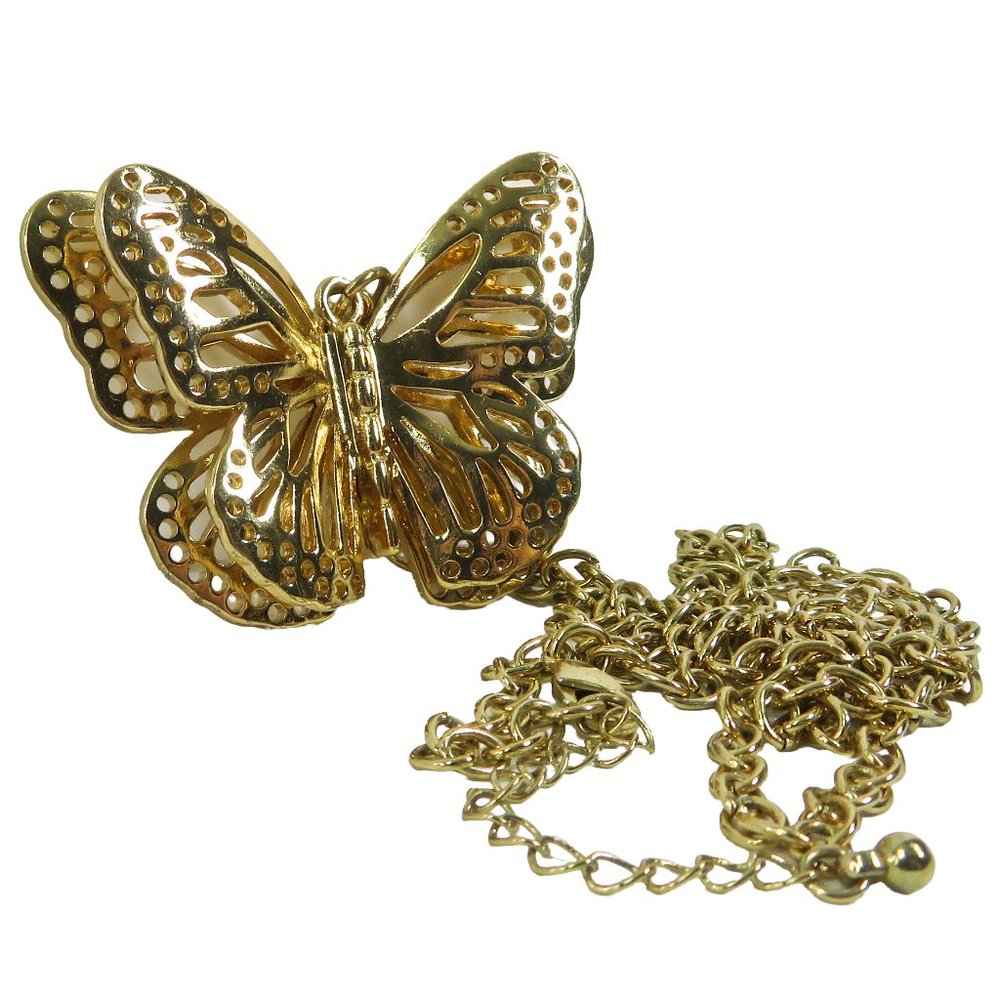 Vintage Goldtone 3D Filigree Large 2.5" x 2" BUTTERFLY Pendant 30" Necklace